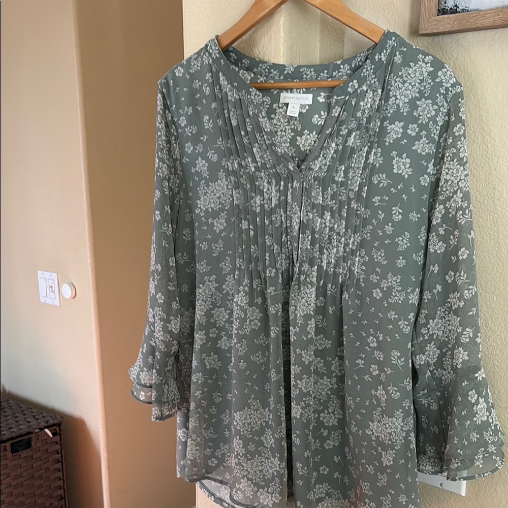 Charter Club Green Pleated 3/4 Sleeve Blouse